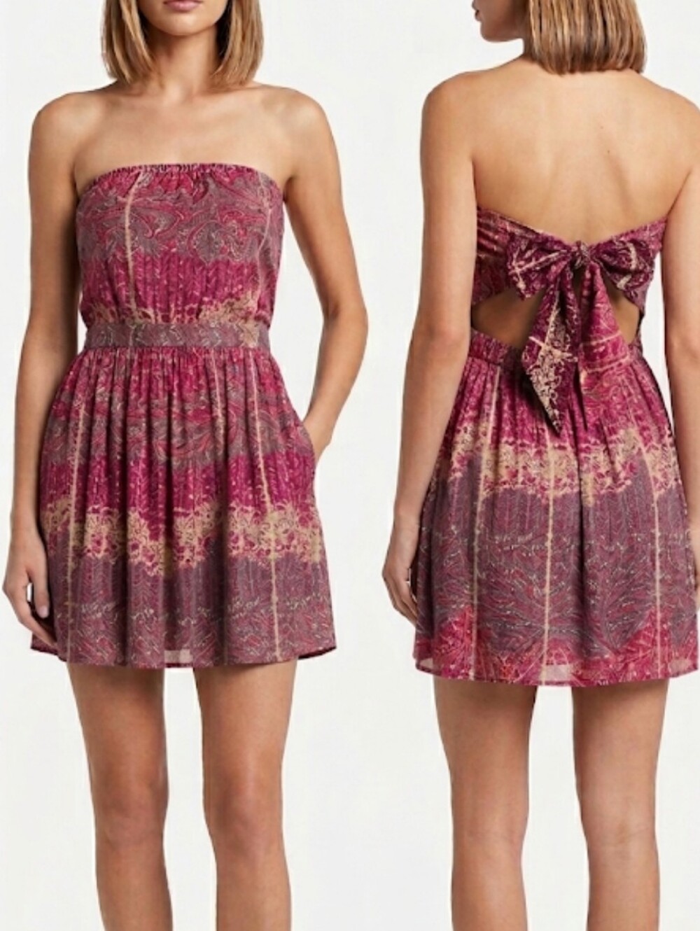 Ecote Paisley Strapless Mini Dress Boho Festival Open Back Tie Dress Size S